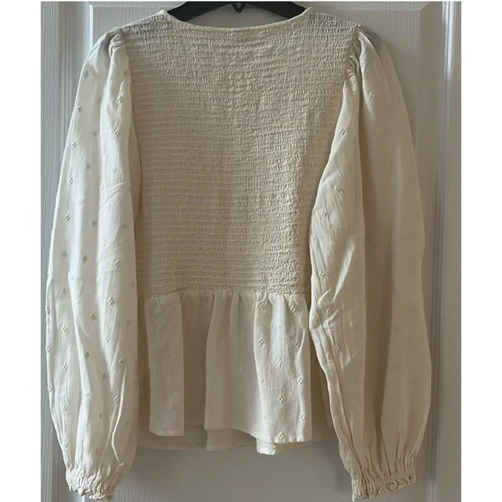 Old Navy Smocked Peplum Top Medium Cream Puff Sleeve Boho Blouse EUC Coquette
